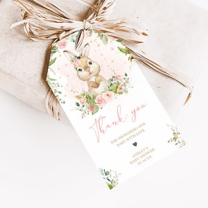 Bearbeitbare Häschen-Babyparty-Bevorzugungsanhänger, rosa Blumen-Babyparty-Geschenkanhänger, ein kleiner Häschenfrühlings-Babyparty-Dankeschön-Anhänger, 0624 Bild 3