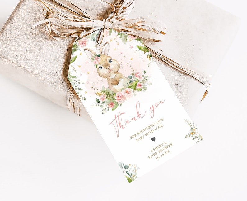 Bearbeitbare Häschen-Babyparty-Bevorzugungsanhänger, rosa Blumen-Babyparty-Geschenkanhänger, ein kleiner Häschenfrühlings-Babyparty-Dankeschön-Anhänger, 0624 Bild 3
