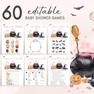 編集可能な「A Baby is Brewing」ベビーシャワーゲームバンドル、ピンクのハロウィンベビーシャワーゲームパック、女の子向け不気味な魔女ゲーム、秋のベビーシャワー、0928