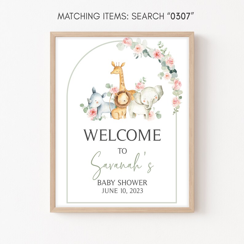 Editable Girl Safari Baby Shower Welcome Sign, Pink Floral Safari Jungle Baby Shower Welcome Poster, Girl Safari Animals Baby Shower, 0307 image 2