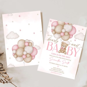 Editable Girl Bear Balloon Baby Shower Invitation, We Can Bearly Wait Baby Shower Invite, Pink Boho Bear Baby Shower Invite Template, 0598 image 2