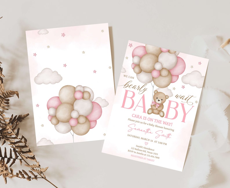 Editable Girl Bear Balloon Baby Shower Invitation, We Can Bearly Wait Baby Shower Invite, Pink Boho Bear Baby Shower Invite Template, 0598 image 2