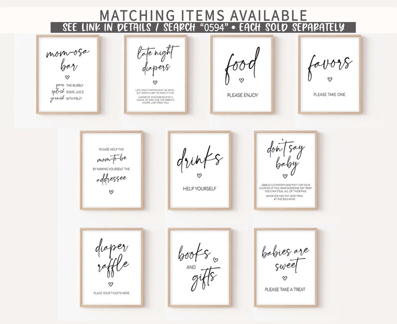Pode incluir: Um conjunto de sinais emoldurados com texto preto sobre um fundo branco. Os sinais incluem frases como "Momosa Bar", "Late Night Diapers", "Food" e "Favors". Cada sinal tem um design simples.