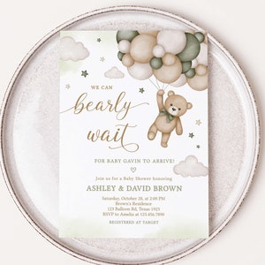 Editable Gender Neutral Bear Baby Shower Invitation, We Can Bearly Wait Baby Shower Invite, Green Balloon Bear Baby Shower Invitation, 0506