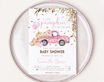 Editable Pink Truck Pumpkin Baby Shower Invitation, Fall Pumpkin Baby Shower Invite, Little Pumpkin Truck Girl Baby Shower Invitation, 0825