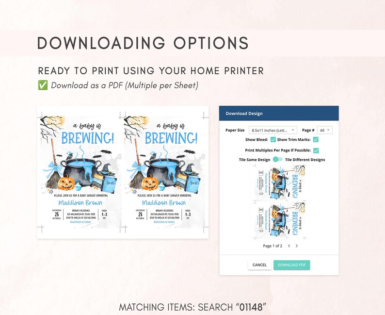 The image is a screenshot of a website that offers printing options for home printers. It displays two images of a baby shower invitation, along with a page that allows the user to customize the design and print multiple copies of the invitation.