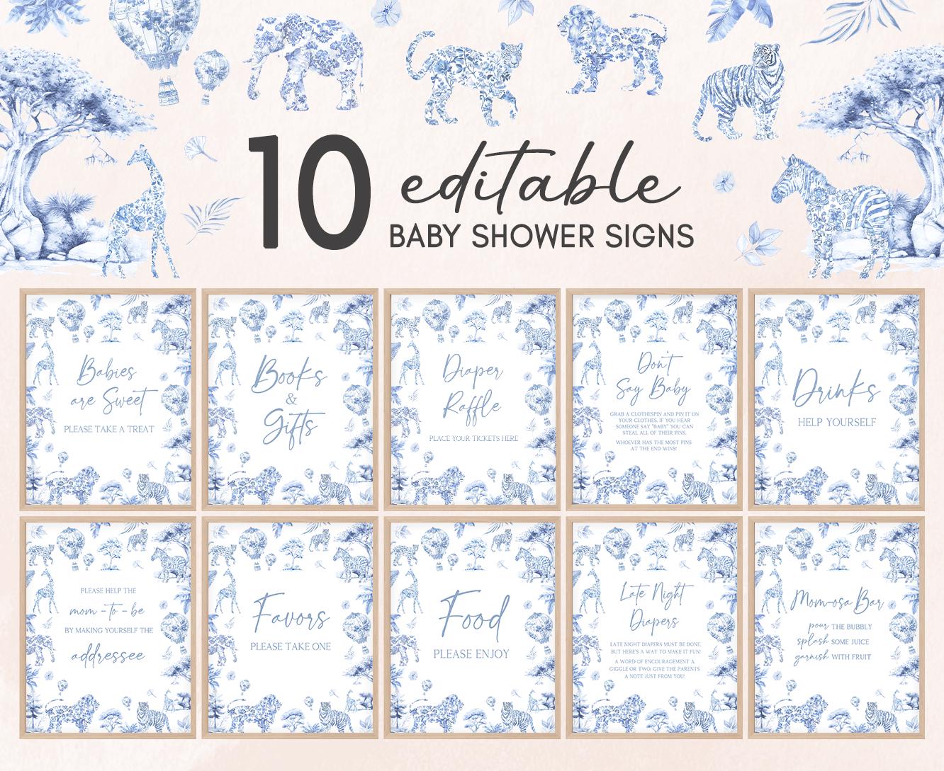 Editable Toile de Jouy Safari Baby Shower Table Sign, Toile Baby Shower Bundle Sign, Blue Chinoiserie Boy Late Night Diapers, 01072