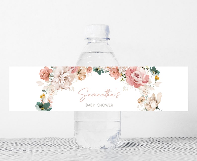 Editable Baby in Bloom Baby Shower Bottle Label, Spring Floral Baby Shower Water Labels, Wildflower Spring Baby Shower Bottle Stickers, 0614 image 1