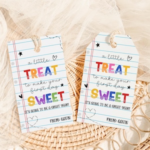 Bearbeitbar Eine kleine Belohnung für Ihren ersten Tag, Schulanfang, Schulanfang Geschenkanhänger, Notizblock Sweet Treat Tag, 95SE