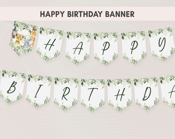 Feliz cumpleaños Banner Fiesta de cumpleaños de Safari, Banners de cumpleaños salvajes, Decoraciones de cumpleaños para niños de animales de la selva, Decoración de animales de Safari 179BD