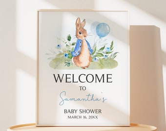 Editable Blue Peter Rabbit Baby Shower Welcome Sign, Bunny Boy Baby Shower Welcome Poster, Peter Rabbit Balloon Spring Baby Shower Sign 0664