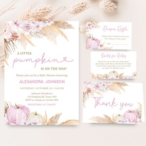 May include: Baby shower stationery set featuring a pumpkin and floral design. The invitation reads "A Little Pumpkin is on the Way!" with details for Alexandra Johnson's baby shower. Includes cards for a diaper raffle, books for baby, and thank you notes.