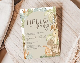 Editable Dinosaur Baby Shower Invitation, Baby Dinosaur Boho Baby Shower Invite, Gender Neutral Dino Baby Shower Invitation Template, 0666