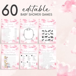 Editable On Cloud 9 Baby Shower Games Bundle, Blush Pink We&#39;re On Cloud Nine Baby Shower Game Pack, Baby Girl Cloud Baby Shower Games, 01103