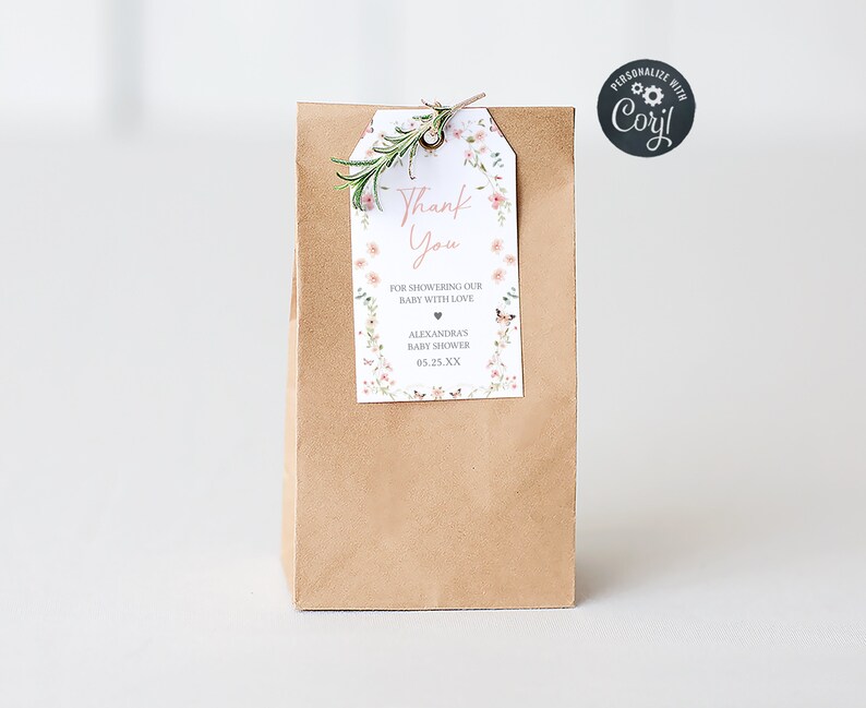 Etichette modificabili per bambino in fiore, etichetta regalo per baby shower, etichetta regalo per baby shower, farfalle, fiori selvatici, etichetta di ringraziamento per baby shower primaverile, 0674 immagine 1
