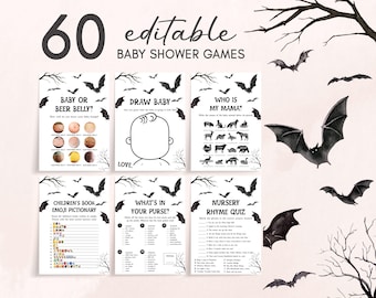 May include: Six printable baby shower games with a Halloween theme. Games include "Baby or Beer Belly?", "Draw Baby", and "Who is My Mama?" The text "60 editable baby shower games" is at the top. Black bats and tree branches decorate the background.