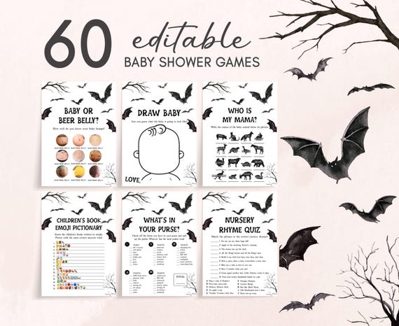 Editable We're Going Batty Halloween Baby Shower Games Bundle, Bats Halloween Baby Shower Game Pack, Gothic Spooky Baby Shower Game, 0949