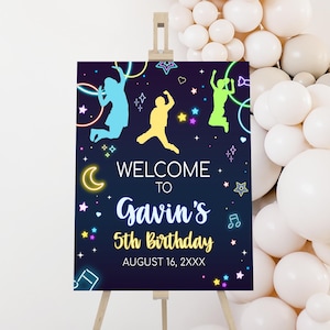 Cartello di benvenuto per compleanno &quot;Let&#39;s Jump&quot; modificabile, cartello per festa con trampolino al neon, poster di benvenuto per festa con trampolino al neon per bambini, cartello per compleanno con trampolino 93BD