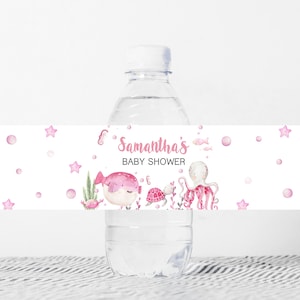 Editable Under the Sea Baby Shower Bottle Label Ocean Baby Shower Water Labels Sea Animals Theme Pink Nautical Favor Printable Template 0265