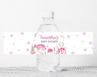 Editable Under the Sea Baby Shower Bottle Label Ocean Baby Shower Water Labels Sea Animals Theme Pink Nautical Favor Printable Template 0265