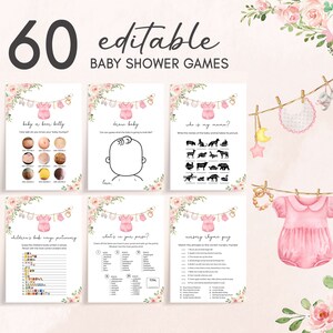 Pacchetto di giochi per baby shower modificabile per vestiti per bambini, pacchetto di giochi per baby shower Boho floreale rosa, modello di gioco per baby shower per bambina dolce, 0649 immagine 1