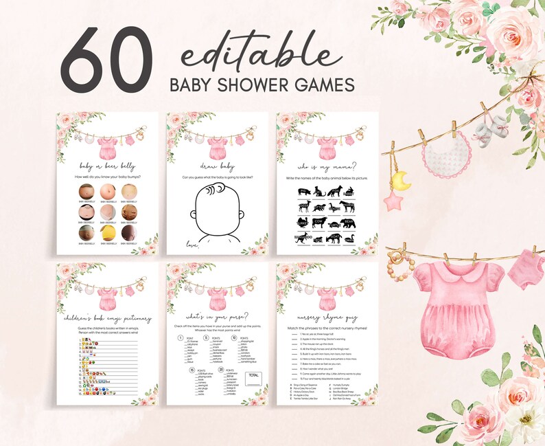Pacchetto di giochi per baby shower modificabile per vestiti per bambini, pacchetto di giochi per baby shower Boho floreale rosa, modello di gioco per baby shower per bambina dolce, 0649 immagine 1