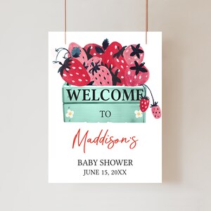 Cartello di benvenuto per baby shower modificabile alla fragola, poster di benvenuto per baby shower con frutti di bosco dolci, cartello per baby shower per ragazza con bacche di fard, 0768