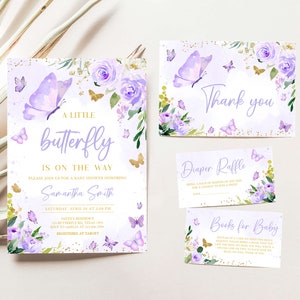 Editable Purple Baby Shower Butterfly Invitation Bundle, Butterflies Girl Baby Shower Invite Set, Floral Purple Butterfly Baby Shower, 0682 image 1