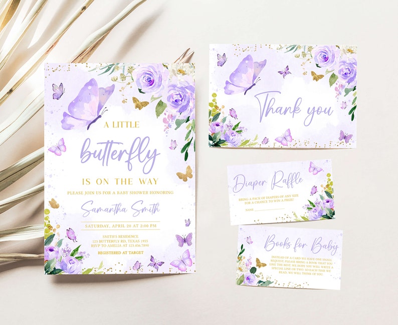 Editable Purple Baby Shower Butterfly Invitation Bundle, Butterflies Girl Baby Shower Invite Set, Floral Purple Butterfly Baby Shower, 0682 image 1