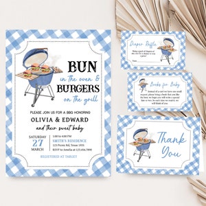Editable Boy Baby-Q Baby Shower Invitation Bundle, Blue BBQ Baby Shower Invite Set, Bun In The Oven, Burgers On The Grill Baby Shower, 0742