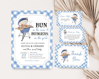 Editable Boy Baby-Q Baby Shower Invitation Bundle, Blue BBQ Baby Shower Invite Set, Bun In The Oven, Burgers On The Grill Baby Shower, 0742