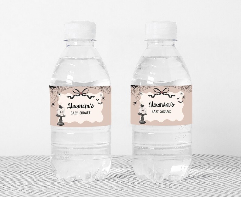 two bottles of water with labels on them