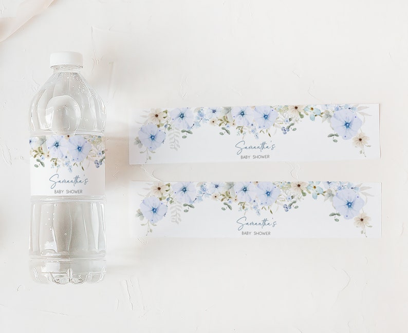 Editable Baby in Bloom Baby Shower Bottle Label, Dusty Blue Wildflower Baby Shower Water Labels, Spring Flowers Water Bottle Stickers, 0684 image 3