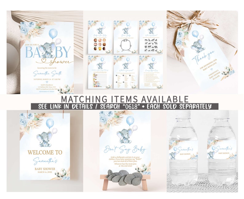 May include: Blue and white baby shower invitation with a cute elephant holding a blue balloon. The invitation says "Join us for a baby shower" and includes the name "Samantha Smith".
