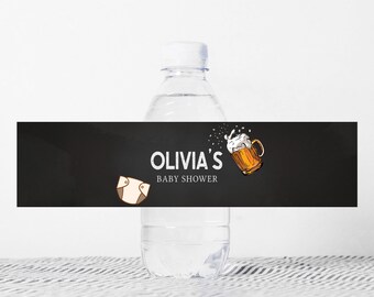May include: Black and white baby shower water bottle label with the text "Olivia's Baby Shower" and a cartoon image of a diaper and a beer mug.