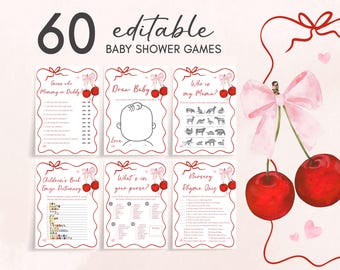 Editable Cherry Baby Shower Games Bundle, Cherry on Top Pink Bow Baby Shower Game Pack, Coquette Cherry Minimal Baby Shower Games, 01033