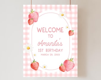 Editable Berry First Birthday Welcome Sign, Berry 1st Birthday Sign, Pink Strawberry Birthday Party Sign, Gingham Berry Sweet Birthday, 66BD