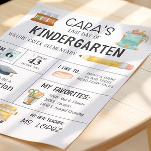 a table with a sign that says cara's last day of kindergart