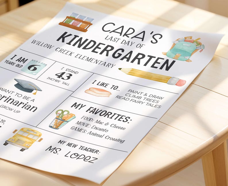 a table with a sign that says cara's last day of kindergart