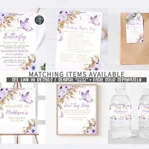 May include: A set of printable baby shower decorations featuring a purple butterfly and floral design. The set includes a welcome sign, a don't say baby sign, a nursery rhyme game, a water bottle label, and a thank you tag. The text on the welcome sign reads "Welcome to Maddison's Baby Shower May 20, 2023".