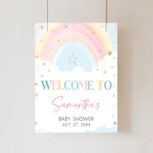 Editable Rainbow Baby Shower Welcome Sign, Star Sprinkles Baby Shower Welcome Poster, Pastel Colors Boho Rainbow Girl Baby Shower Sign, 0812