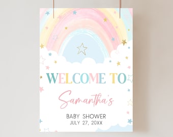 Editable Rainbow Baby Shower Welcome Sign, Star Sprinkles Baby Shower Welcome Poster, Pastel Colors Boho Rainbow Girl Baby Shower Sign, 0812