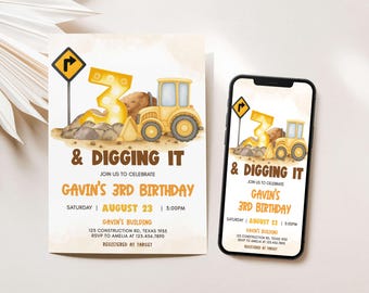 Editable Construction Birthday Invitation, Dump Truck Birthday Invite, Construction Party Invitation, Boy 3rd Digger Birthday Invites, 95BD