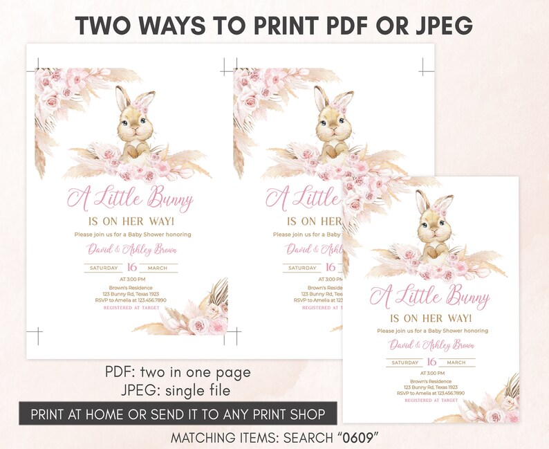 a pink and gold baby shower with a bunny on it