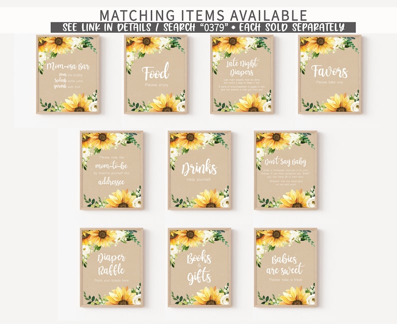 May include: Nine printable signs featuring sunflower and white flower designs. The signs have text that reads: "Mom-esa Bar", "Food", "Late Night Diapers", "Favors", "Mom-to-be Addressee", "Drinks", "Don't Say Baby", "Diaper Raffle", "Books & Gifts", and "Babies are Sweet".
