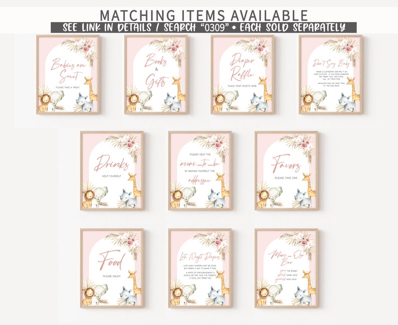 May include: A set of printable signs for a baby shower with a jungle theme. The signs are pink with brown and white animal illustrations and text that says "Babies on Suit", "Books & Gifts", "Diaper Raffle", "Don't Say Baby", "Drinks", "Please Help to Make Sure You Take the Address", "Favors", "Food", "Last Night Diapers", "More-Oh Bar".