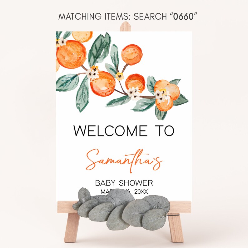 Editable A Little Cutie Baby Shower Welcome Sign, Greenery Orange Baby Shower Welcome Poster, Neutral Cutie on the Way Baby Shower Sign 0660 image 3