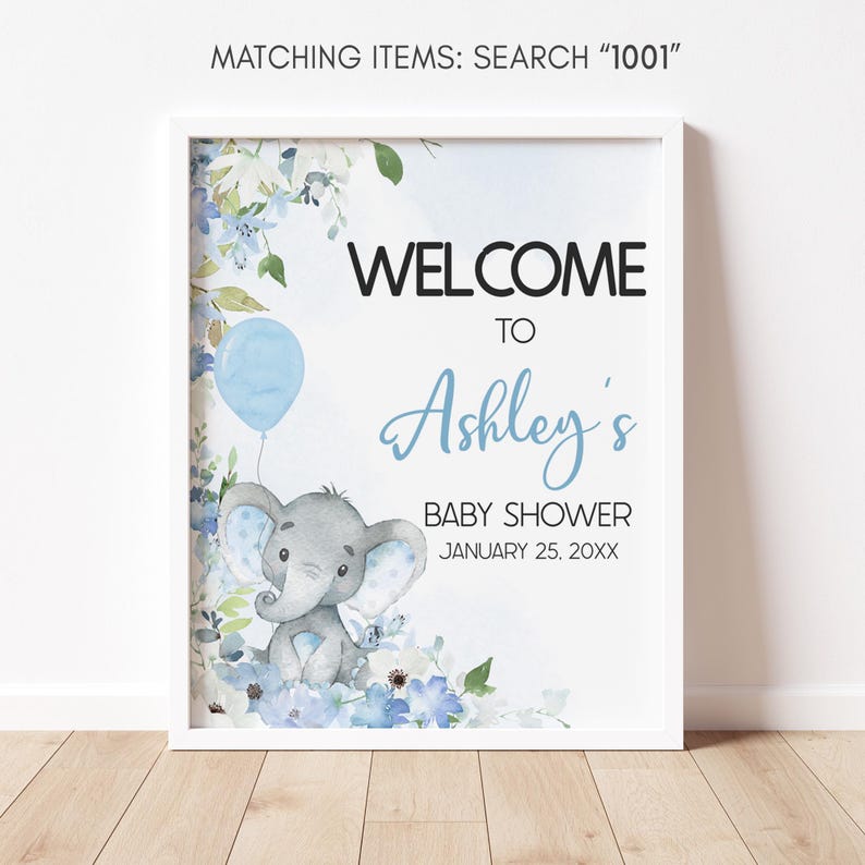 a picture of a baby shower sign with an elephant