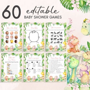 Editable Baby Girl Dinosaur Baby Shower Games Bundle, Floral Dino Baby Shower Game Pack, Dinosaur Girl Baby Shower Games Template, 0688 image 1