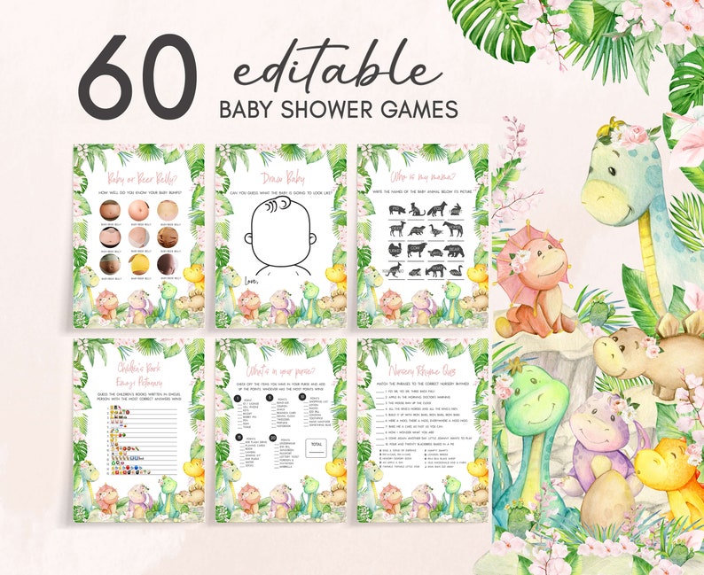 Editable Baby Girl Dinosaur Baby Shower Games Bundle, Floral Dino Baby Shower Game Pack, Dinosaur Girl Baby Shower Games Template, 0688 image 1